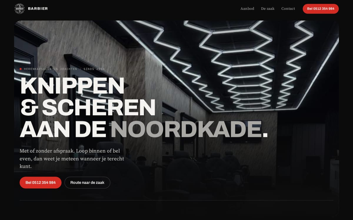 Voorbeeld van richting A: donkere homepage met het lichtplafond van de zaak