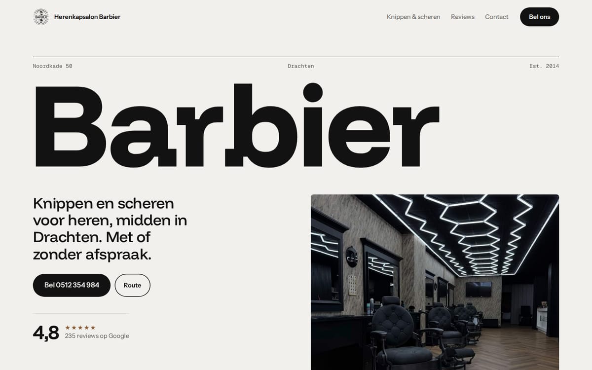 Voorbeeld van richting B: lichte homepage met het woord Barbier groot in beeld